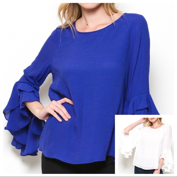 Esley Tops - Ruffle Half Sleeve Blouse in White or Royal Blue👚
